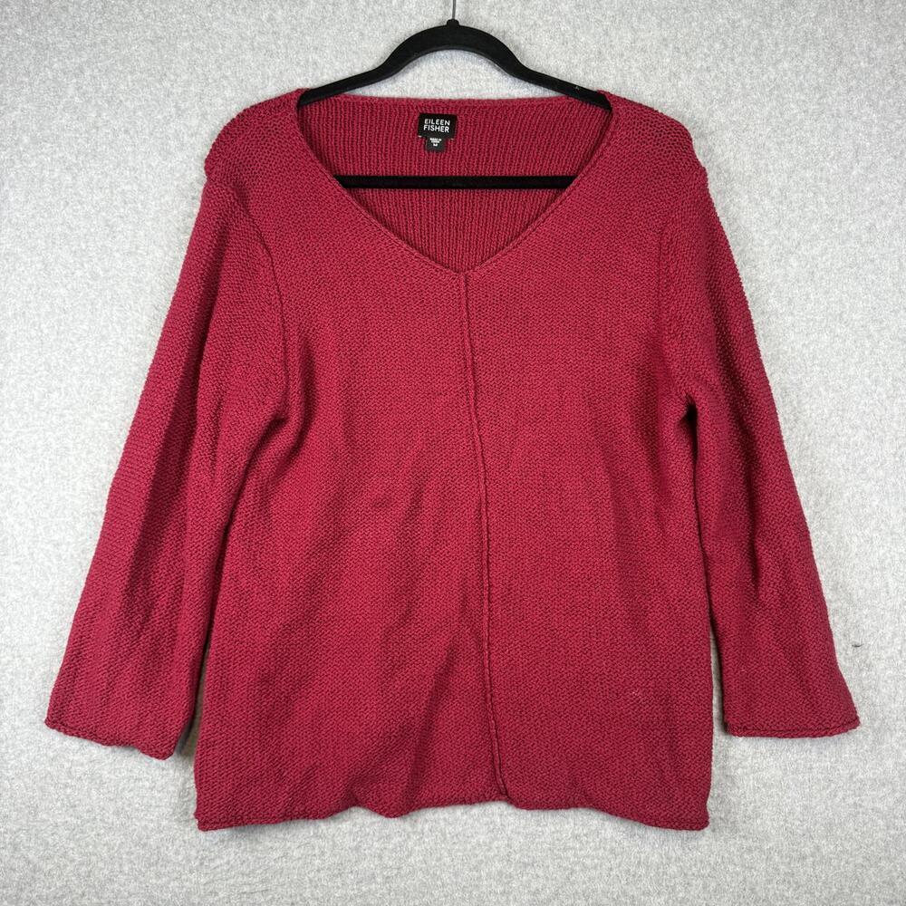 Eileen Fisher Women Size Medium Nylon Blend V Neck Red Pullover Knit Top Sweater